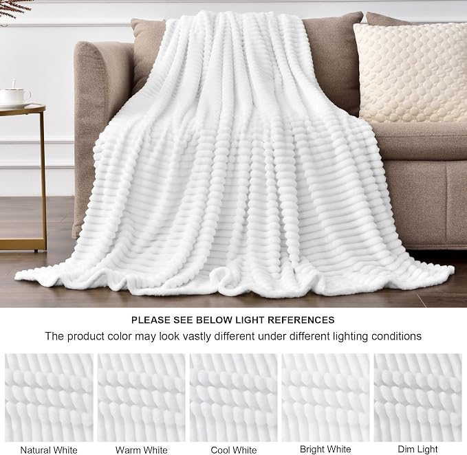 BEDELITE Ribbed Jacquard White Fleece Throw Blanket - Image 5