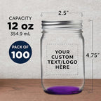 DISCOUNT PROMOS 100 Decorating Mason Jars Set, 12 oz. - Customizable Text, Logo - Canning, Aluminum Lid - Purple