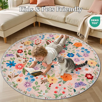PLHXFR Round Area Rug Living Room: 6 ft Floral Washable Soft Carpet Beige | - Image 8