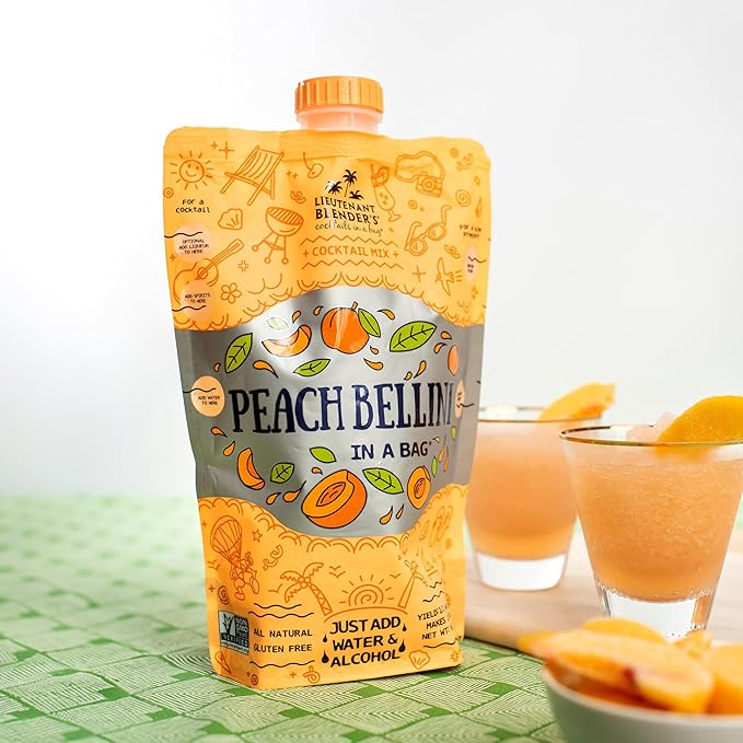 Lt. Blender's Peach Bellini in a Bag - Wine Slushie Mixes - Each Bag Makes 1/2 Gallon of Frozen Peach Bellini Mix – Non-GMO Wine Freezer mix - Make with Wine, Liquor or as a Mocktail - (Pack of 4)