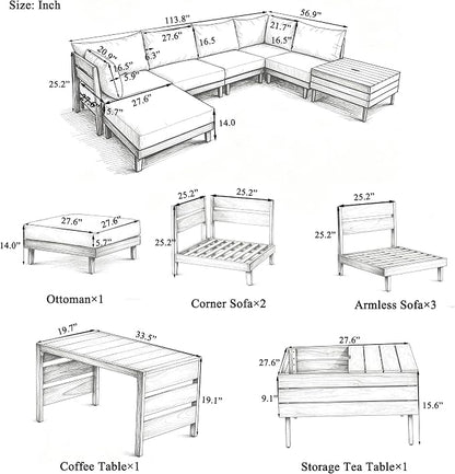 VilroCaz 8-Piece Acacia Wood Outdoor Patio Sofa Set, Modular Sectional - Image 3
