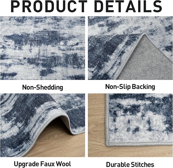 5x7 Area Rugs for Living Room: Washable Abstract Blue Grey Badroom Carpet | - Image 5