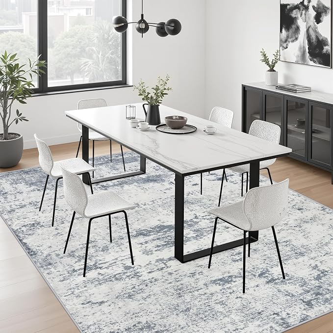 5x7 Area Rug Living Room: Modern Washable Soft Carpet Blue Grey | - Image 9