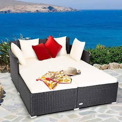 COSTWAY Outdoor Patio Rattan Daybed, Sponge Cushioned Loveseat Sofa - Image 2