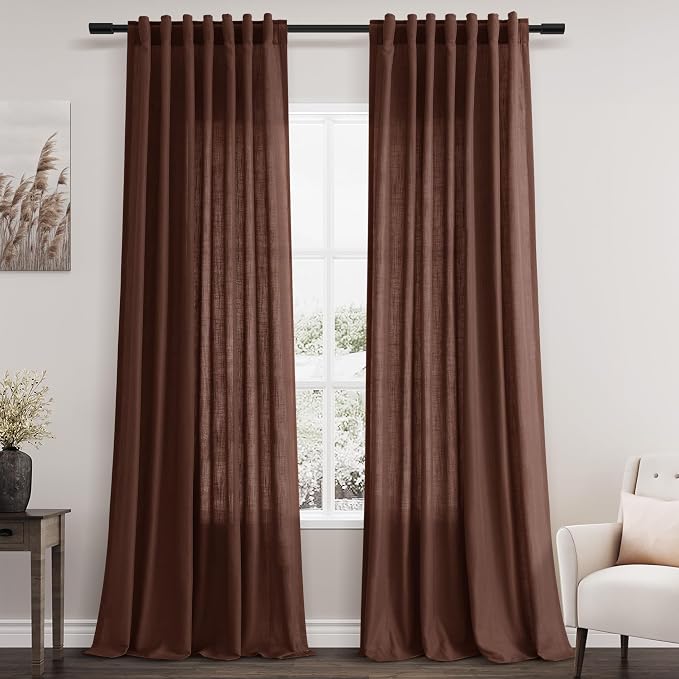 Rustic Brown Linen Curtains Semi Sheer 96 Inches Long 2 Panels Set by Nanspring