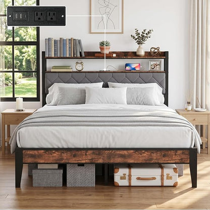 Queen Bed Frame with Charging Station, Upholstered Headboard, Metal Platform by BOVONO