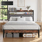 Queen Bed Frame with Charging Station, Upholstered Headboard, Metal Platform by BOVONO