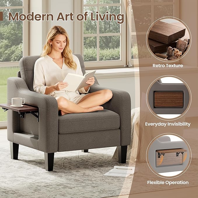 Accent Chair for Living Room Modern Linen Upholstered Armchair Side Wooden - Image 3