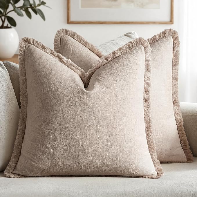 MIULEE Boho Natural Linen Fringe Decorative Euro Throw Pillow Covers 26x26 | by MIULEE