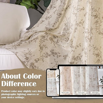 Taupe Vintage Floral Linen Curtains Farmhouse 50W X 63L 2 Panels | Elisa Series - Image 6