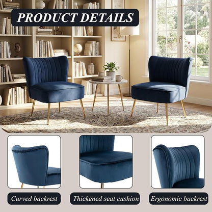 Velvet Accent Chair Set of 2 Comfy Living Room Chair Armless Slipper Chair Mid - Image 5