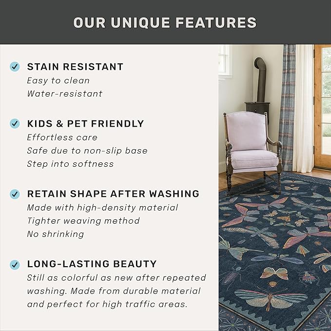 Blue Vintage Boho Area Rug 3x6, Washable Non Slip Indoor Carpet - Image 6