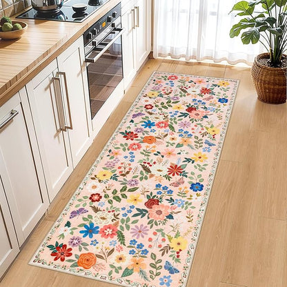 PLHXFR 2.6x8 Washable Runner Rug：Floral Indoor Kitchen Soft Carpet Beige | - Image 6