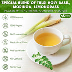 FreshDrinkUS, Premium 55 Tea Bags Tulsi Moringa Lemongrass, 100% Natural & Pure from Tulsi Holy Basil Leaves, Moringa & Lemongrass. Made with Natural Material Tea Bags. No Sugar, No Caffeine, Vegan.