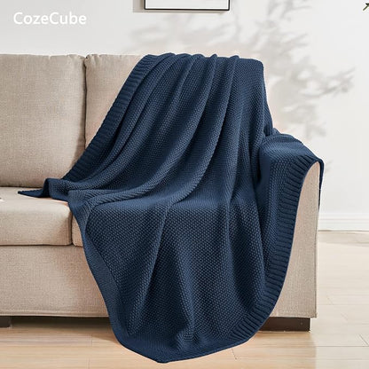 CozeCube Navy Blue Seed Stitch Throw Blanket 60"x80", Farmhouse Decor | Blanket - Image 4