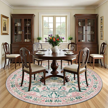 PLHXFR Round Area Rug Living Room: 8 ft Floral Washable Carpet Pink Green | - Image 3