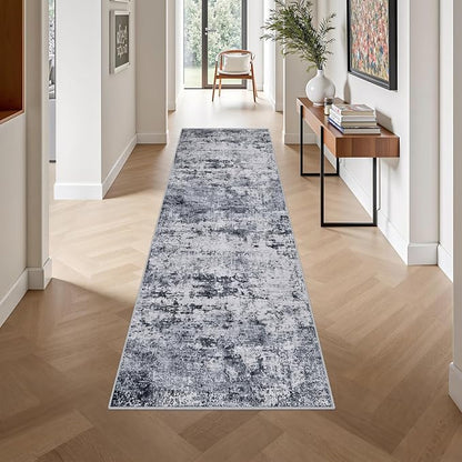 2.6x10 Washable Runner Rug:Modern Abstract Indoor Soft Carpet Grey | - Image 4