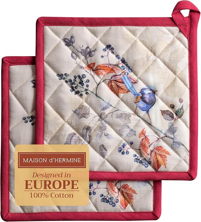 Maison d' Hermine Pot Holders Set 100% Cotton Heat Resistant Potholders 8" x 8" Hot Pads with Loop BBQ, Cooking, Baking, Grilling, Kitchen, Handling Hot Pans (Pack of 2, Equinoxe - Beige)