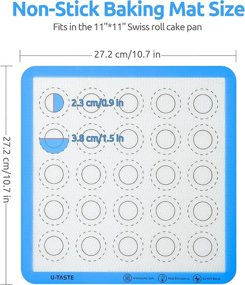 446ºF Heat Resistant Macaron Mat: U-Taste 11x11in Non Stick Silicone Baking Mat, Reusable Cookies Pastry Sheet Liner with Edge Enhancement & Circle Measurement for Square Cake Pan (2 PCS, Light Blue)