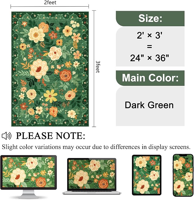 DUKINO 2x3 Entryway Rug, Door Mat Soft Washable Rug Non Slip, Dark Green | Low - Image 2