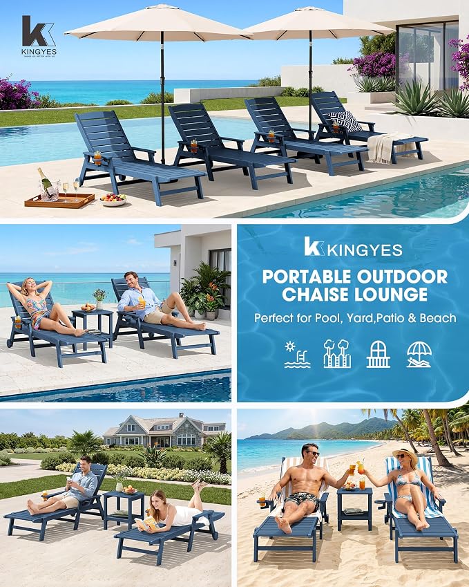 KINGYES HDPE Lounge Chair Outdoor, Patio Chaise Lounge Recliner - Image 8