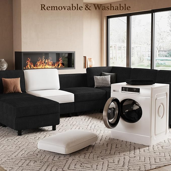 Belffin 114.2" Modular Sectional Sofa Corduroy 7 Seats U Shaped Sofa Couch - Image 5