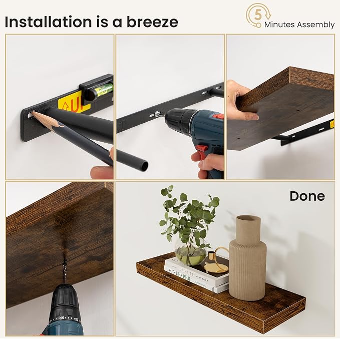 Fun Memories Floating Shelves for Wall, 9.3 Inch Set of 4 Rustic Wood Wall - Image 8