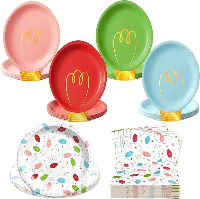 OuMuaMua 150Pcs Christmas Paper Plates and Napkins Set Disposable, Heavy Duty Christmas Light Bulb Design Party Supplies Serve 50, Fancy Disposable Dinnerware Set for Holiday Home Xmas Party Decor