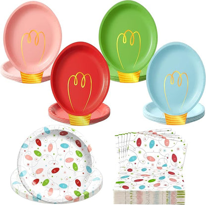 OuMuaMua 150Pcs Christmas Paper Plates and Napkins Set Disposable, Heavy Duty Christmas Light Bulb Design Party Supplies Serve 50, Fancy Disposable Dinnerware Set for Holiday Home Xmas Party Decor