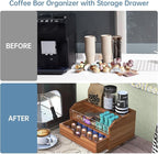NiHome Solid Wood & Acrylic Coffee Station Organizer with Storage Drawer, Multi-Purpose Adjustable Compartments Coffee Pod Holder for Home, Office, Hotel, Kitchen Counter Storage for Tea, Sugar, Cups