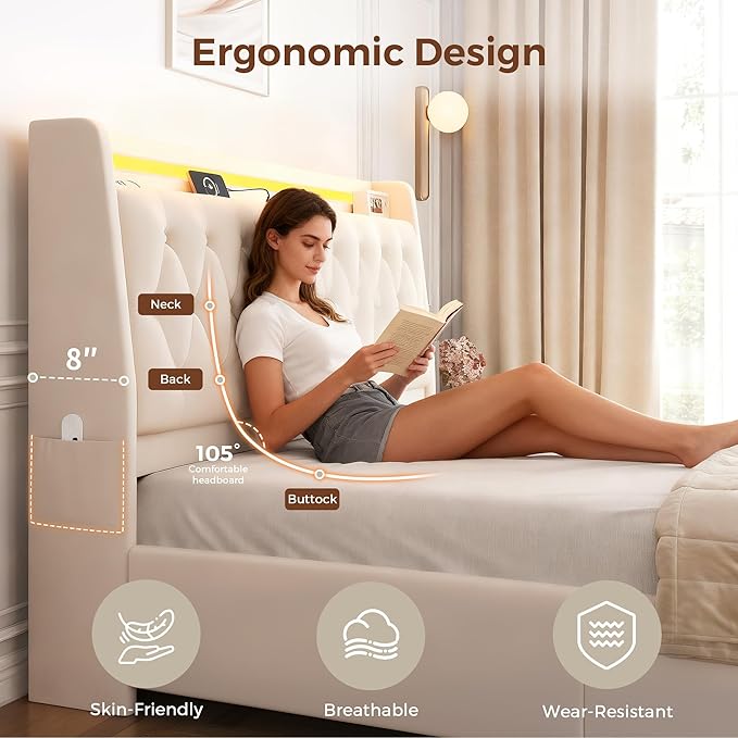 Queen LED Velvet Bed Frame - Image 4
