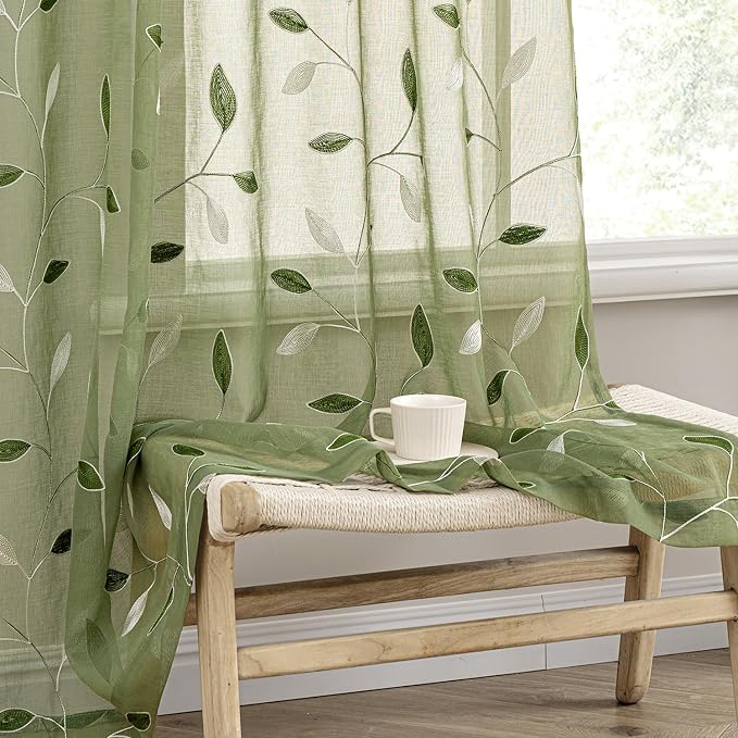 MIULEE Sage Green Sheer Curtains 2 Panels Leaf Patterned, W52 x L96 | by MIULEE