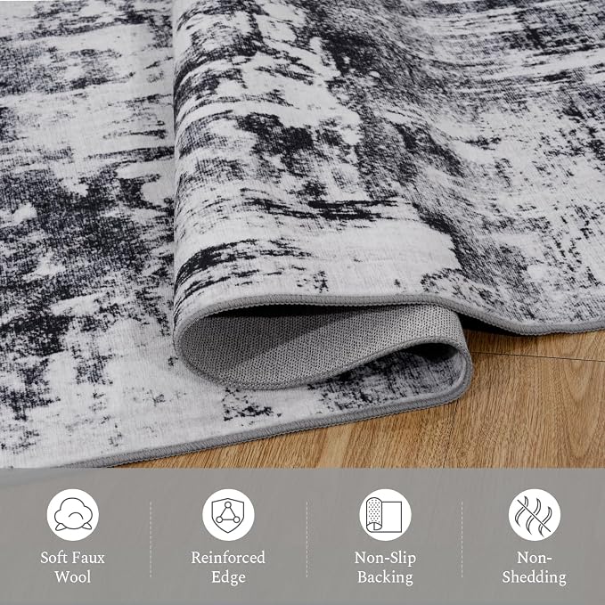 Rugflix Round Area Rugs 6Ft for Living Room, Washable Black Grey Circle Rug | - Image 7