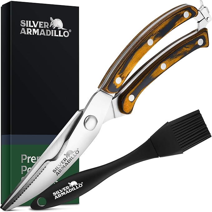 Heavy Duty Stainless Steel Poultry Shears For Bone, Chicken, Meat, Fish, Seafood, Vegetables. Premium Spring Loaded Food Scissors. One piece Kitchen Shears. (Brown Wooden Handles)