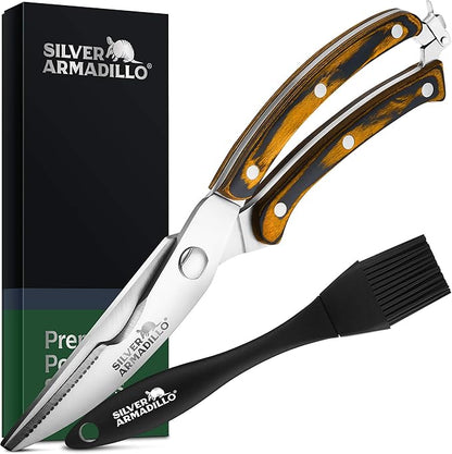 Heavy Duty Stainless Steel Poultry Shears For Bone, Chicken, Meat, Fish, Seafood, Vegetables. Premium Spring Loaded Food Scissors. One piece Kitchen Shears. (Brown Wooden Handles)