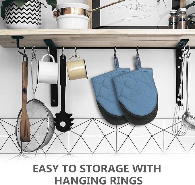 Qulable 1 Pair Short Oven Mitts - Silicone Kitchen Oven Gloves High Heat Resistant 500℉, Mini Oven Mits with Non-Slip Grip Surfaces and Hanging Loop for BBQ, Baking, Cooking and Grilling (Bule)