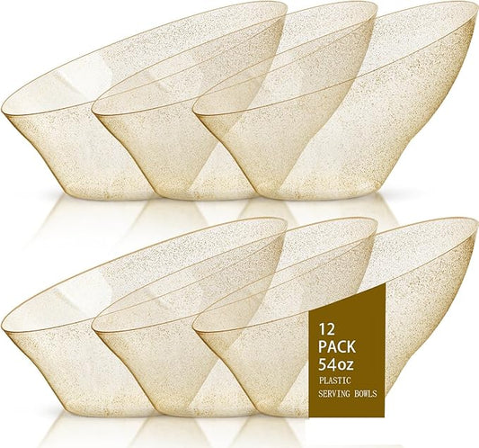 bUCLA 12 Pack Gold Glitter Plastic Serving Bowls - 20 OZ Disposable Snack, Fruit, Chip, Candy Angled Serving Bowls for Party & Thanksgiving