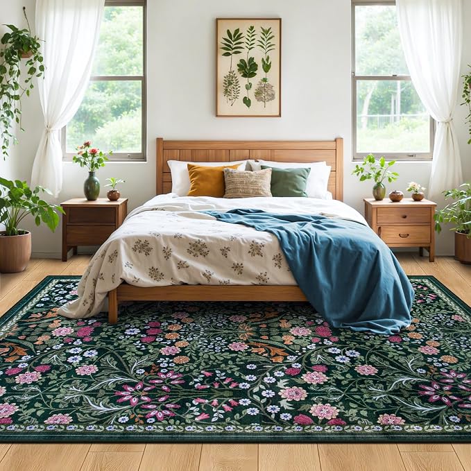PLHXFR Area Rug Living Room: 5x7 Floral Washable Boho Carpet Dark Green | - Image 3