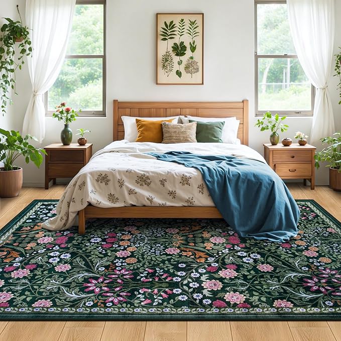 PLHXFR Area Rug 10x14 Living Room: Floral Washable Boho Carpet Dark Green | - Image 3