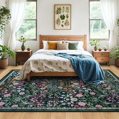 PLHXFR Area Rug 10x12 Living Room: Floral Washable Boho Carpet Dark Green | - Image 3