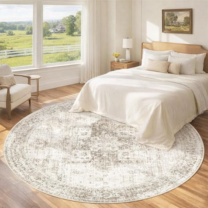 Round Rugs 6ft Washable Rug, Vintage Boho Medallion Rugs Non-Slip Soft Low Pile - Image 3