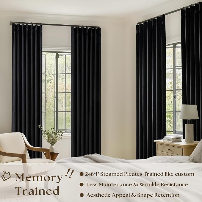 Black Pinch Pleated Full Blackout Linen 80 Inch Window Curtains 2 Panels | 100% - Image 2