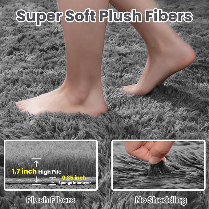 8x10 Fluffy Shag Area Rugs for Living Room Bedroom: Soft Carpet Light Gray | - Image 5
