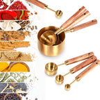 Collection 8 Piece Gold Measuring Cups Set and Measuring Spoons, Golden With fragrant wood Handles-Complete Set of Measure Cups and Spoons For Cooking and Baking.…