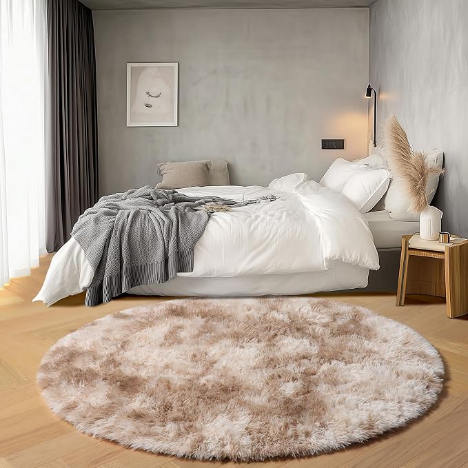 Round Rugs 6ft for Living Room Bedroom, Tie-Dye Beige Fluffy Circle Area Rug - Image 3