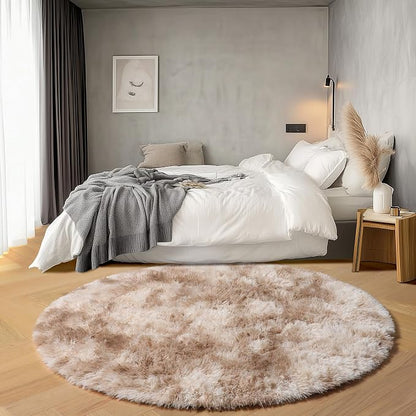 Round Rugs 6ft for Living Room Bedroom, Tie-Dye Beige Fluffy Circle Area Rug - Image 3