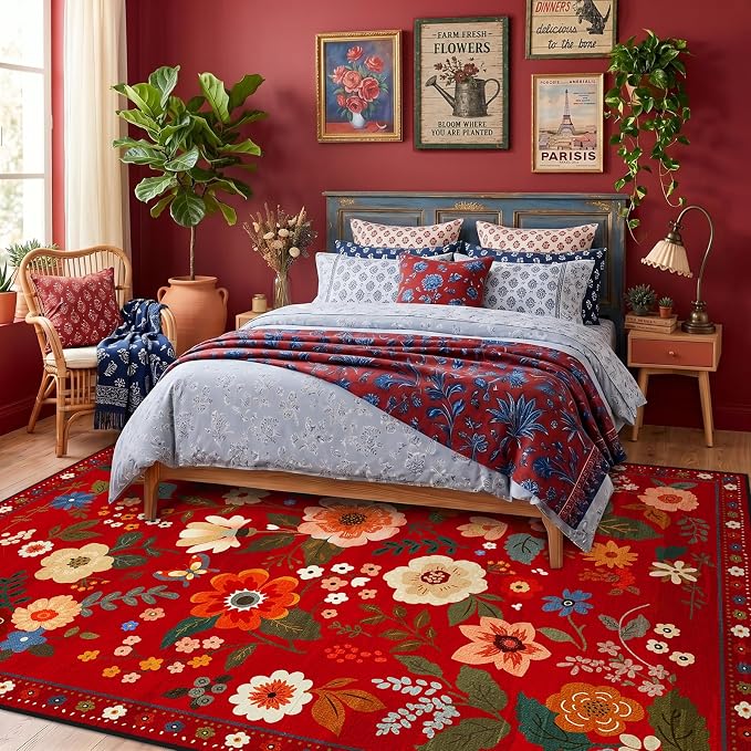 Floral Washable 5x7 Area Rugs Red/Orange | Flower Carpet Print Boho Cute Non - Image 6