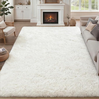 9x12 Area Rug Living Room Bedroom: Fluffy Plush Shag Carpet Ivory | by Luxturiy
