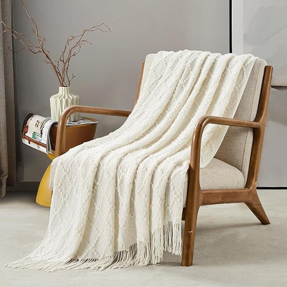 BOURINA White Throw Blanket 50 x70 Inches Jacquard Argyle Throw Textured Solid - Image 5