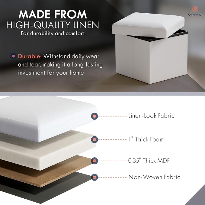 Ornavo Home Small Storage Ottoman Foldable Collapsible Cube Square Linen - Image 7